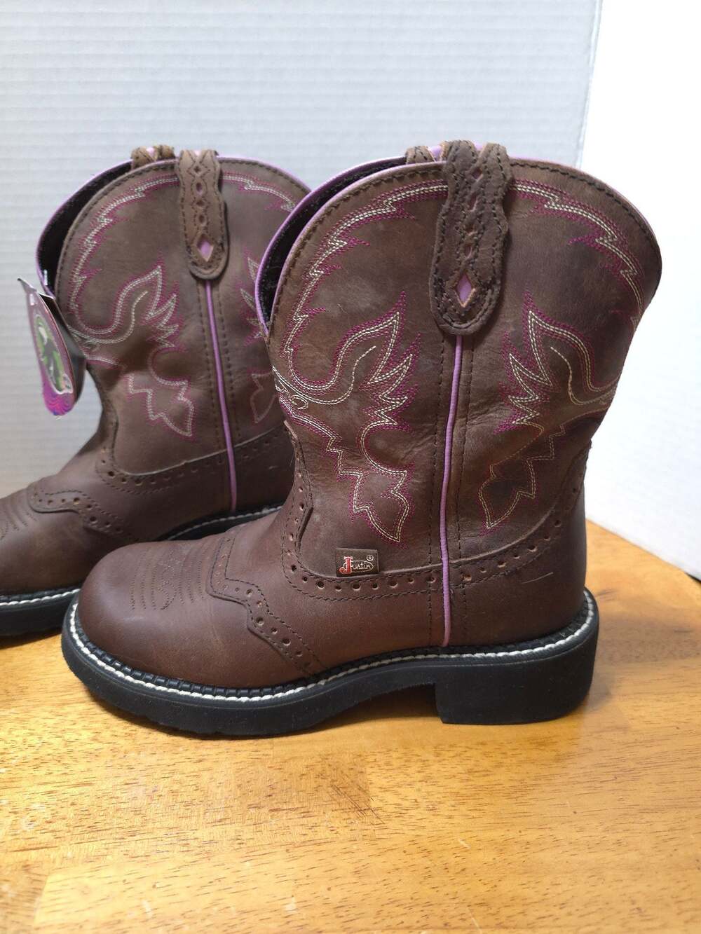 Justin Gypsy Gemma 8 Inch Brown and Pink Leather Western Cowgirl Boots - Picture 2 of 10